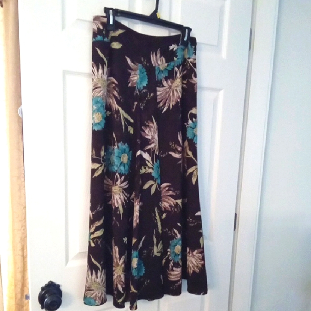 JONES NY Women's Silk Floral Midi Skirt Brown & Turquoise Size 8